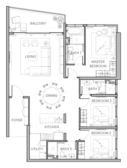 Type A1 floor plan — 3 bedroom, 3 bathroom, 1,604 sqft residence