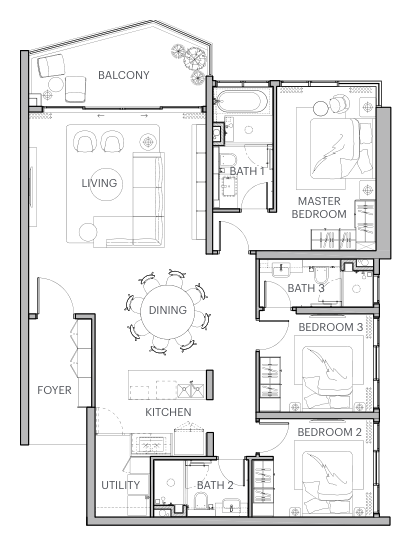 Type A2 floor plan — 3 bedroom, 3 bathroom, 1,604 sqft residence