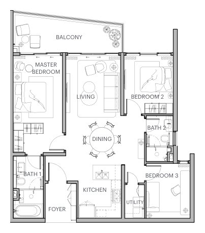 Type B1 floor plan — 3 bedroom, 2 bathroom, 1,324 sqft residence