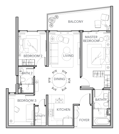 Type B2 floor plan — 3 bedroom, 2 bathroom, 1,324 sqft residence
