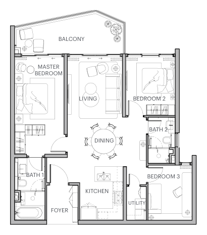 Type B3 floor plan — 3 bedroom, 2 bathroom, 1,324 sqft residence