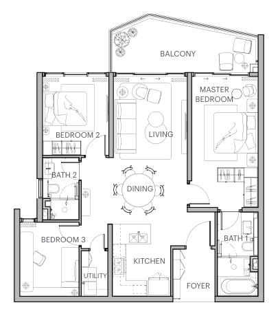 Type B4 floor plan — 3 bedroom, 2 bathroom, 1,324 sqft residence