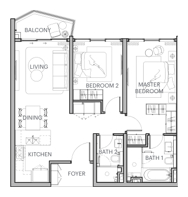 Type C1 floor plan — 2 bedroom, 2 bathroom, 1,033 sqft residence