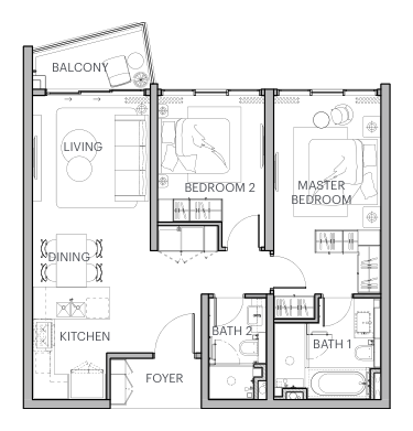 Type C2 floor plan — 2 bedroom, 2 bathroom, 1,033 sqft residence