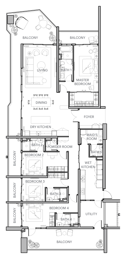Type D1 floor plan — 4 bedroom, 5 bathroom, 3,670 sqft residence