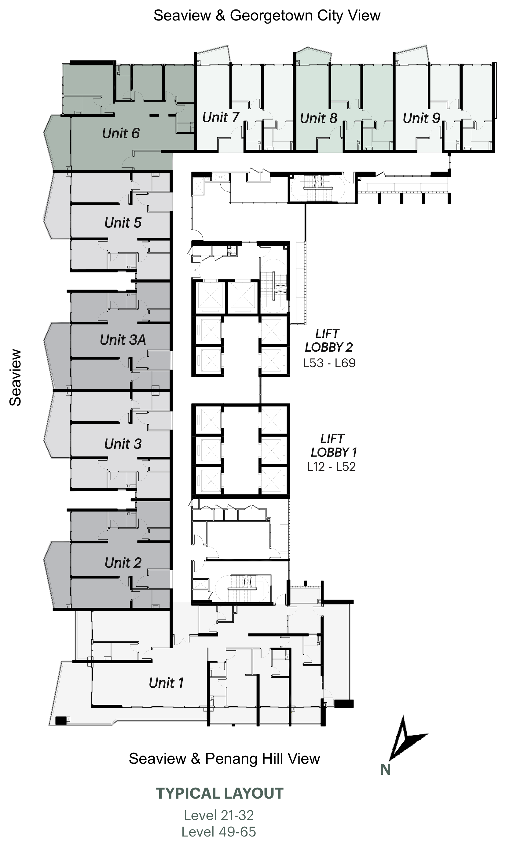 Typical floor layout stacking plan for Level 21–32 and Level 49–65